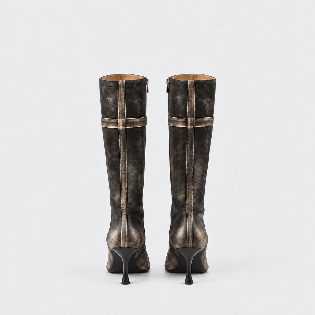 Lil Cacti Tamsin black distressed pointed tall boots pair back view
