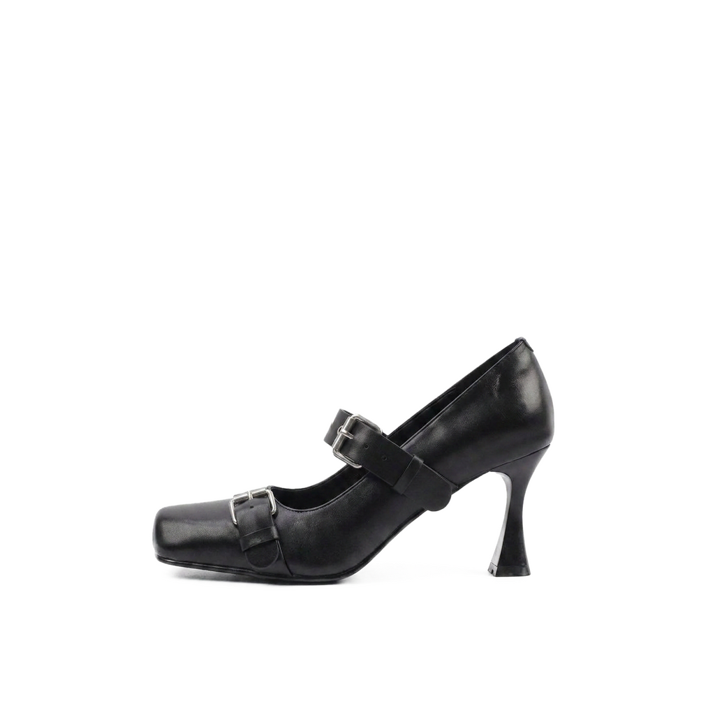 Thorne black leather buckle Mary Jane pumps, pair view — Lil Cacti footwear