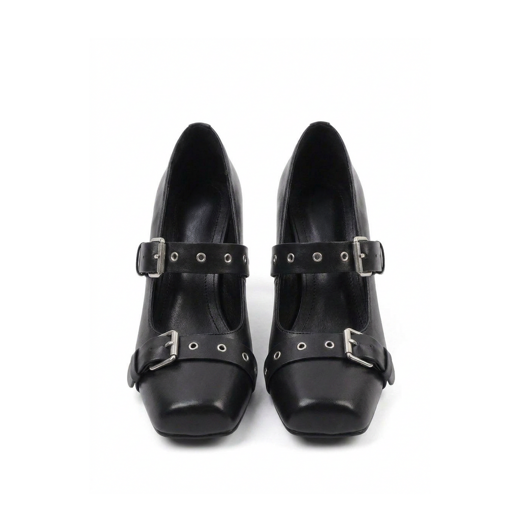 Chunky heel Mary Jane pumps, side profile showing squared toe
