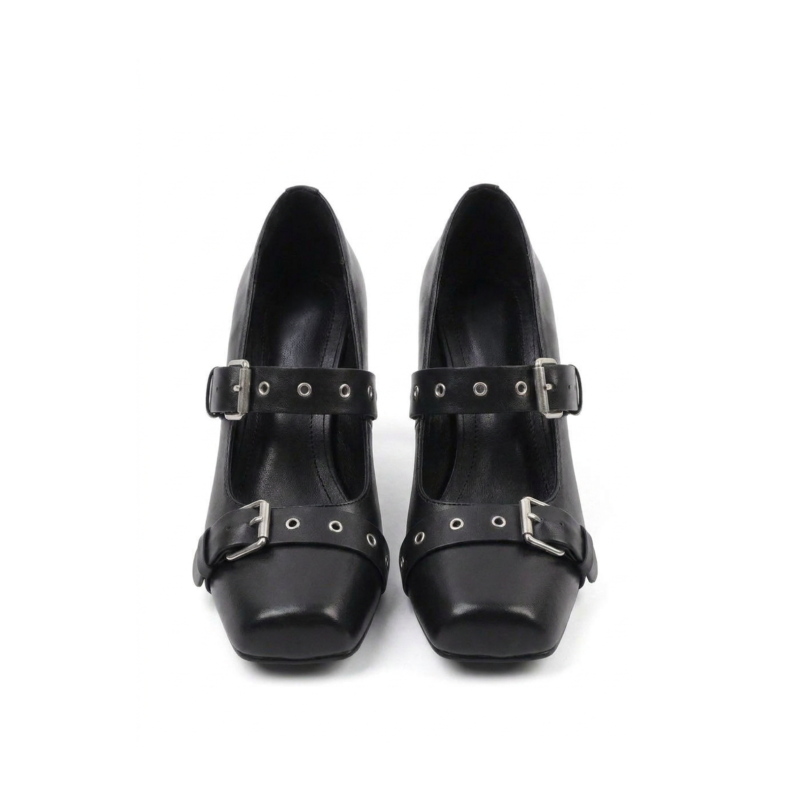 Chunky heel Mary Jane pumps, side profile showing squared toe