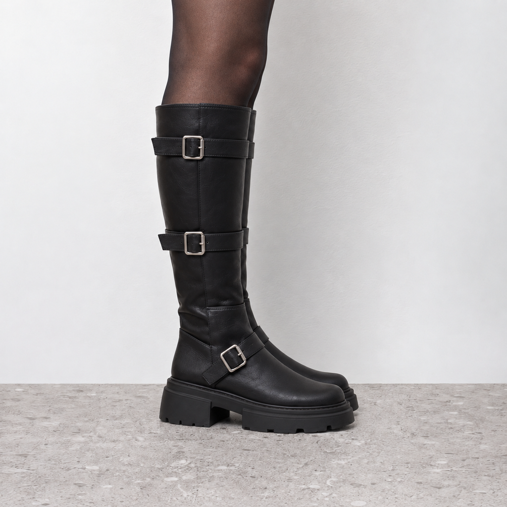 Lil Cacti Celine Triple-Buckle Tall Boots in Black model styling view 3