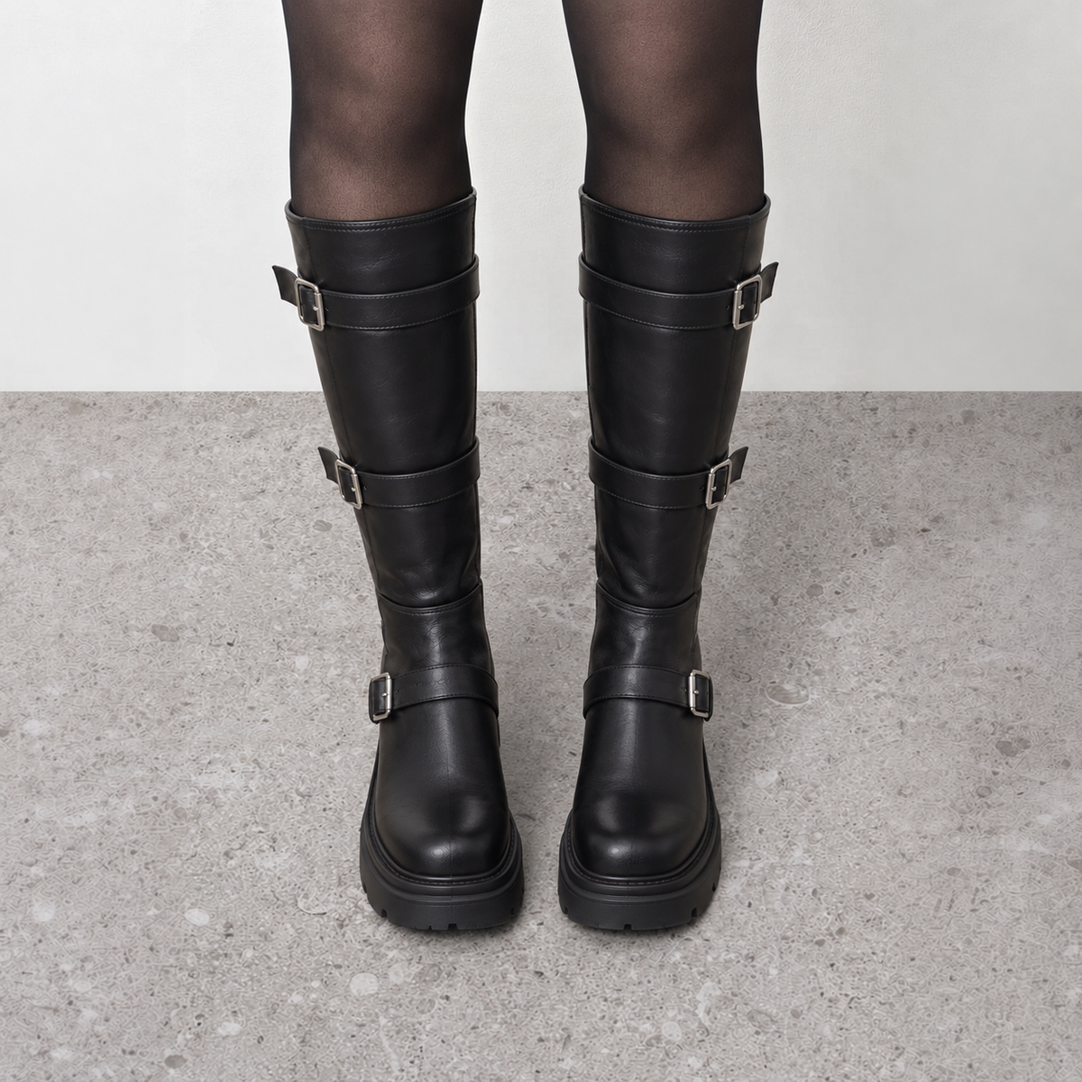 Lil Cacti Celine Triple-Buckle Tall Boots in Black model styling view 4