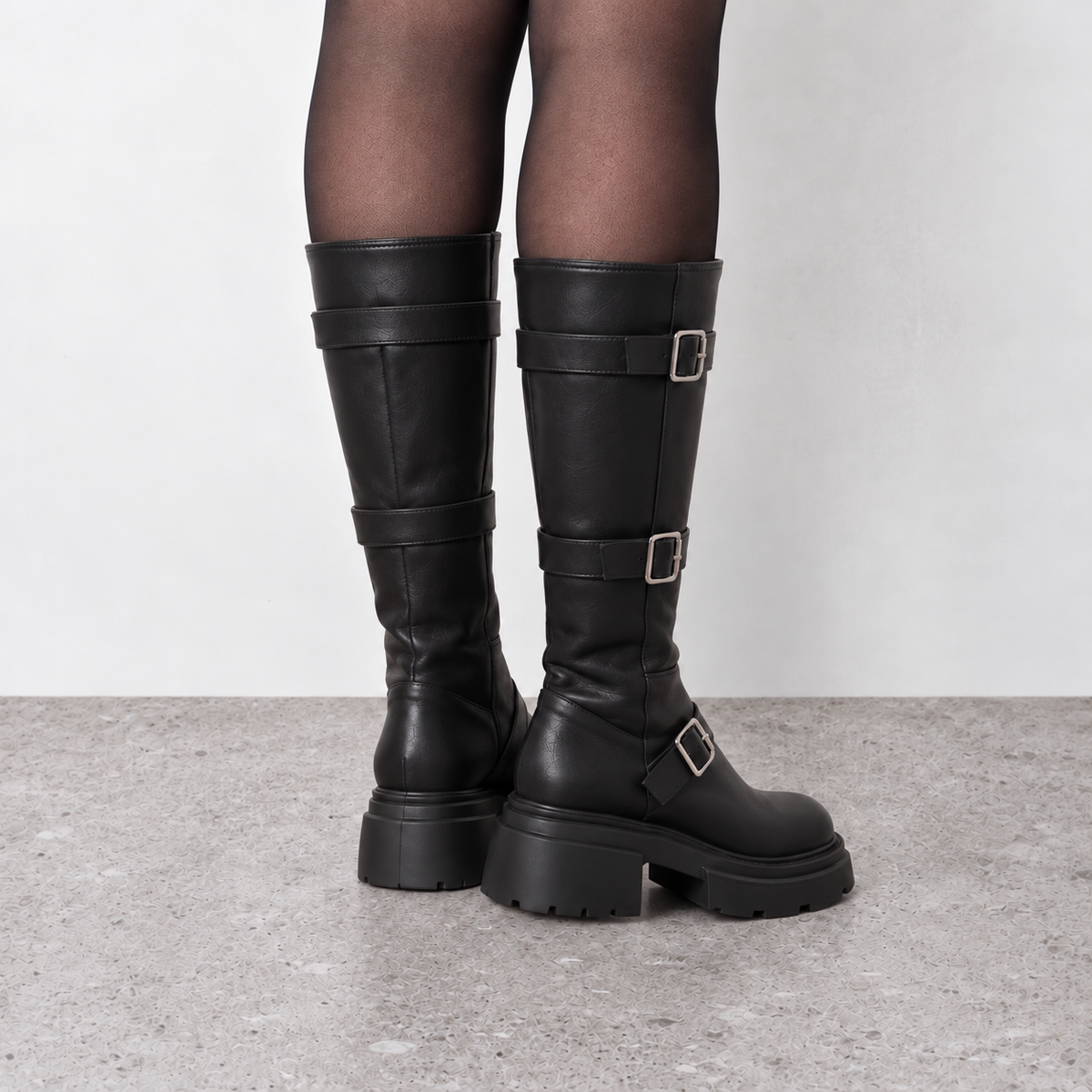 Lil Cacti Celine Triple-Buckle Tall Boots in Black model styling view 5
