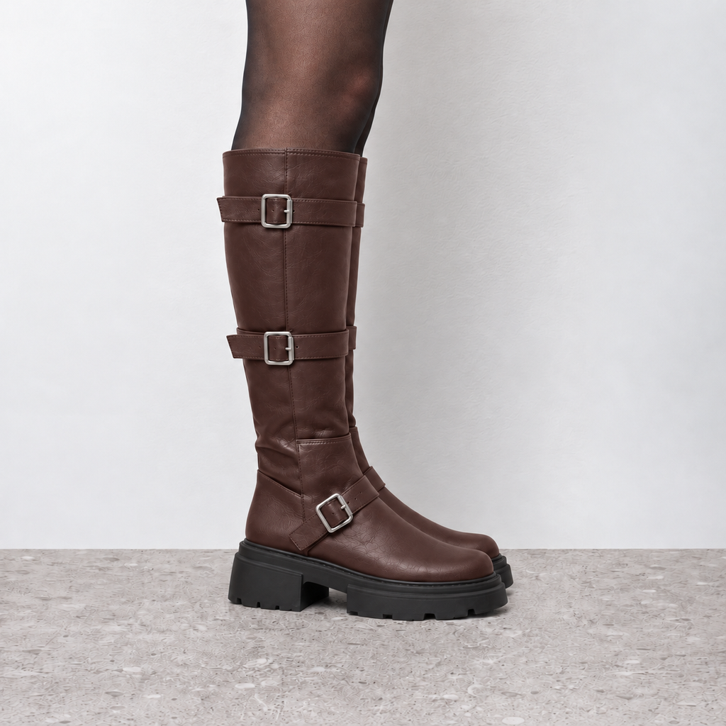 Lil Cacti Celine Triple-Buckle Tall Boots in Brown model styling view 12