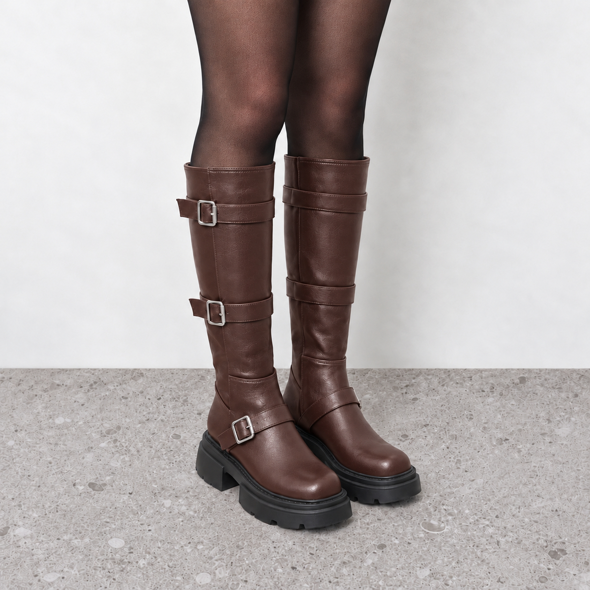 Lil Cacti Celine Triple-Buckle Tall Boots in Brown model styling view 13