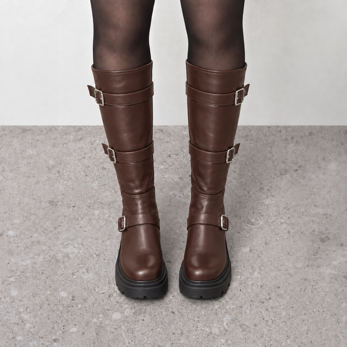Lil Cacti Celine Triple-Buckle Tall Boots in Brown model styling view 14
