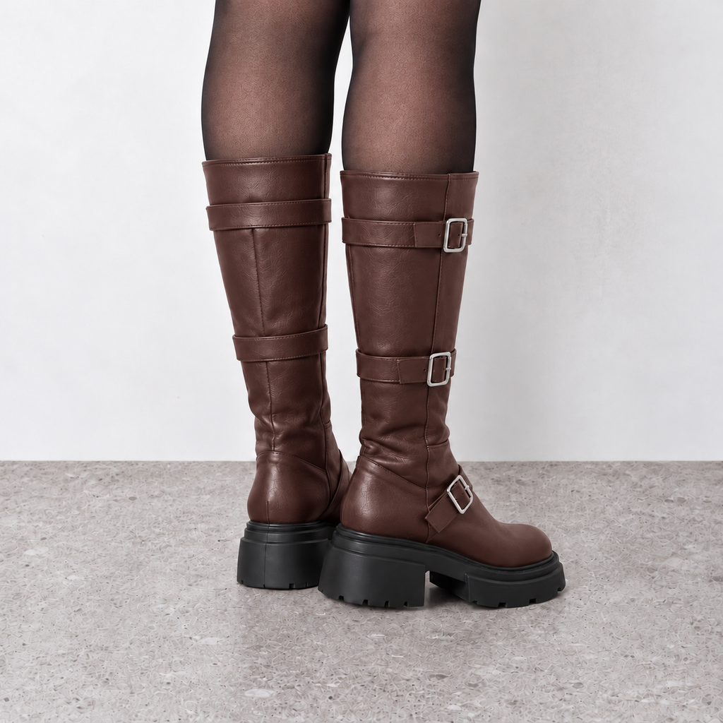Lil Cacti Celine Triple-Buckle Tall Boots in Brown model styling view 15
