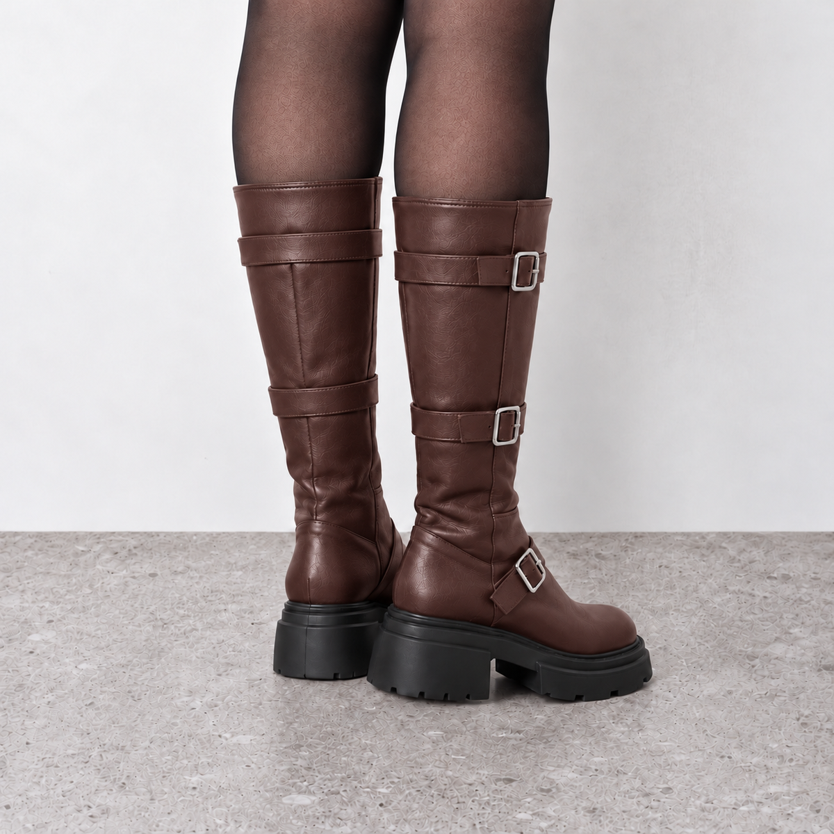 Lil Cacti Celine Triple-Buckle Tall Boots in Brown model styling view 15