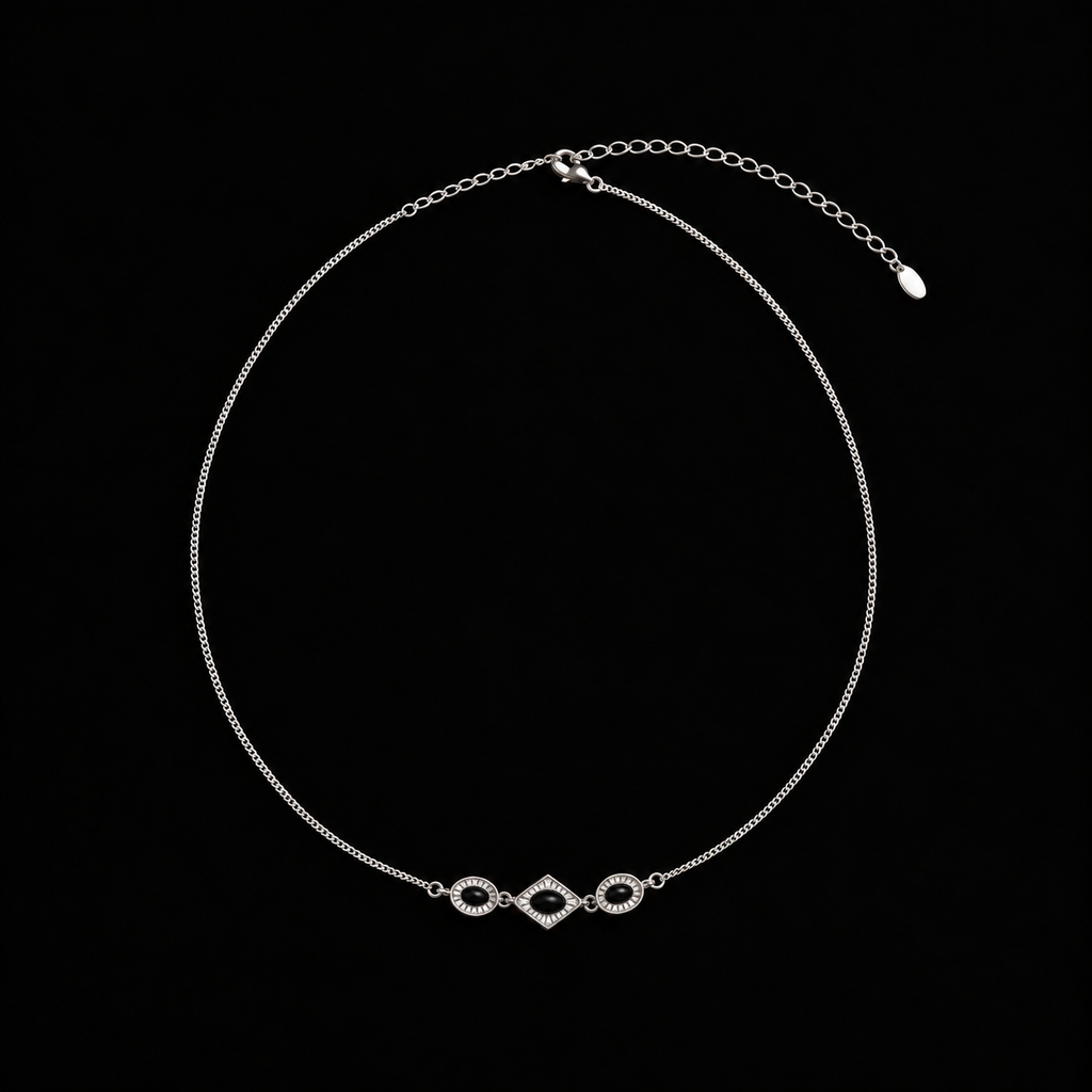 Lil Cacti Triad Art Deco Station Necklace shown on its own against a dark background