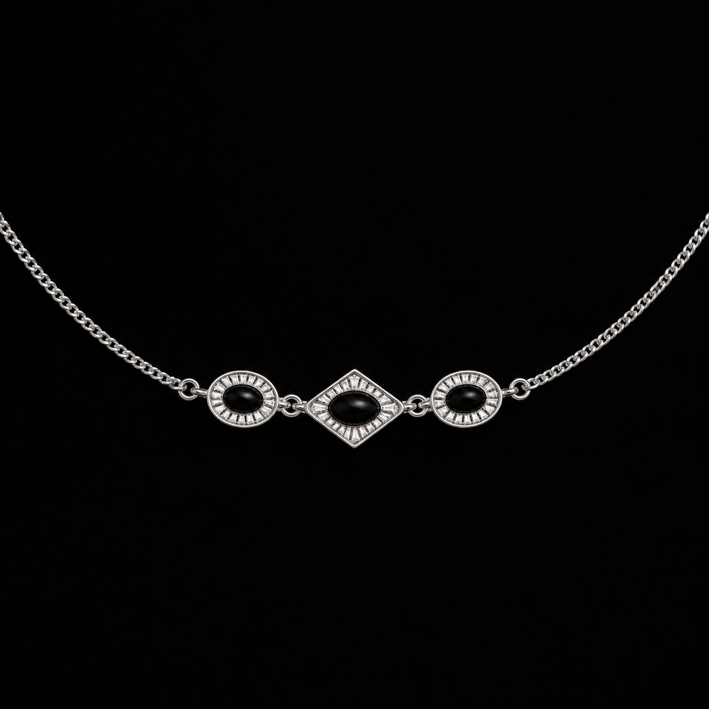Front view of the Triad Art Deco Station Necklace showing the full face