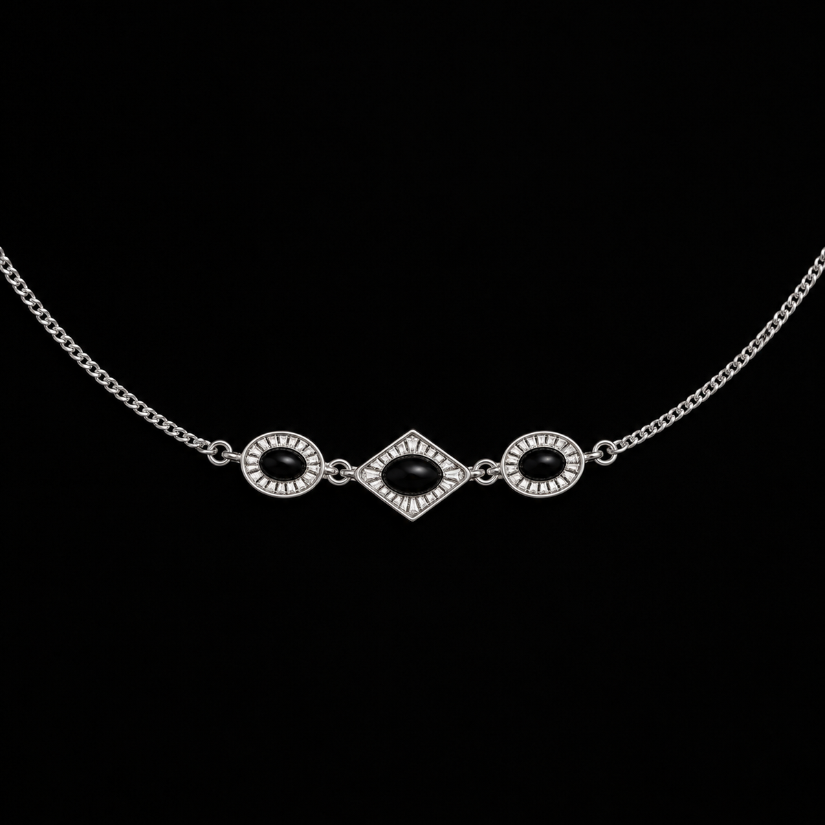 Front view of the Triad Art Deco Station Necklace showing the full face