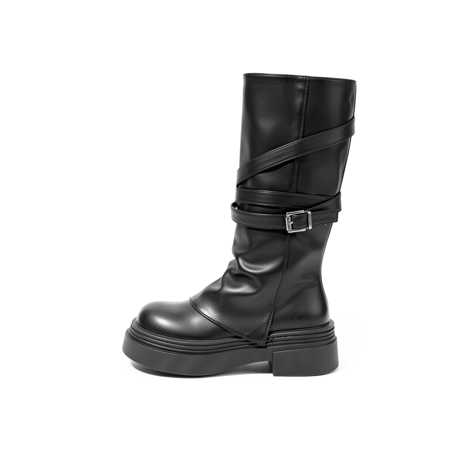 Black platform leather knee boot with buckle straps on a white background