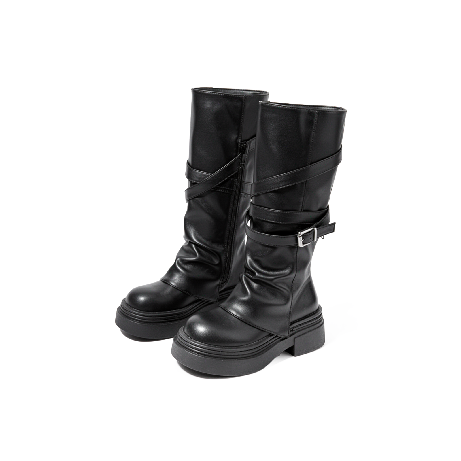 Black platform leather knee boot with buckle straps on a white background