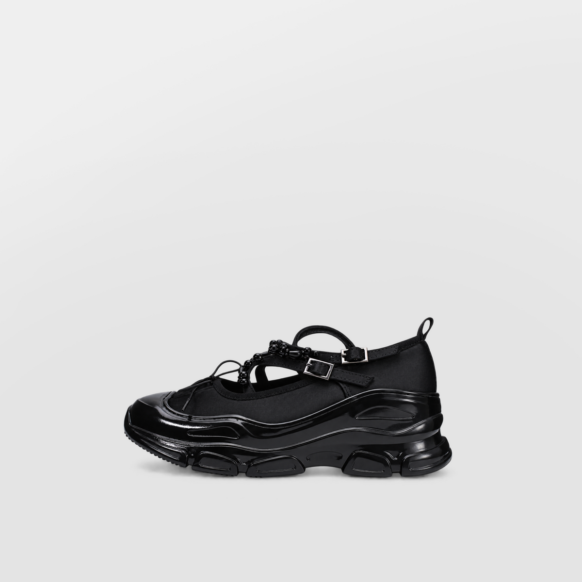 Velvet Barre Ballet Sneakers by Lil Cacti — side profile, patent toe cap, two buckled bead straps and chunky glossy sole