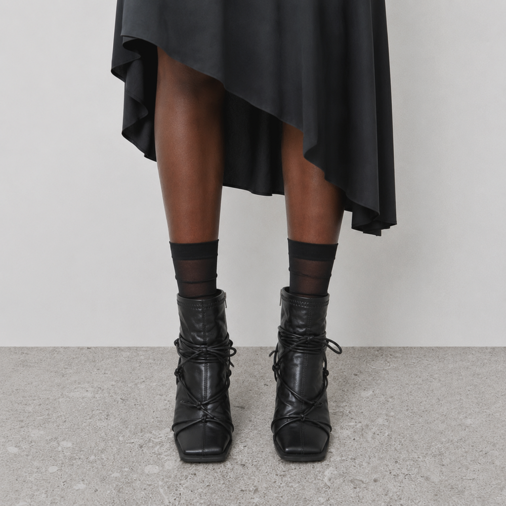 Verity Lace-Up Square Toe Boots by Lil Cacti — on-model front view showing square toes, worn with sheer socks and midi skirt