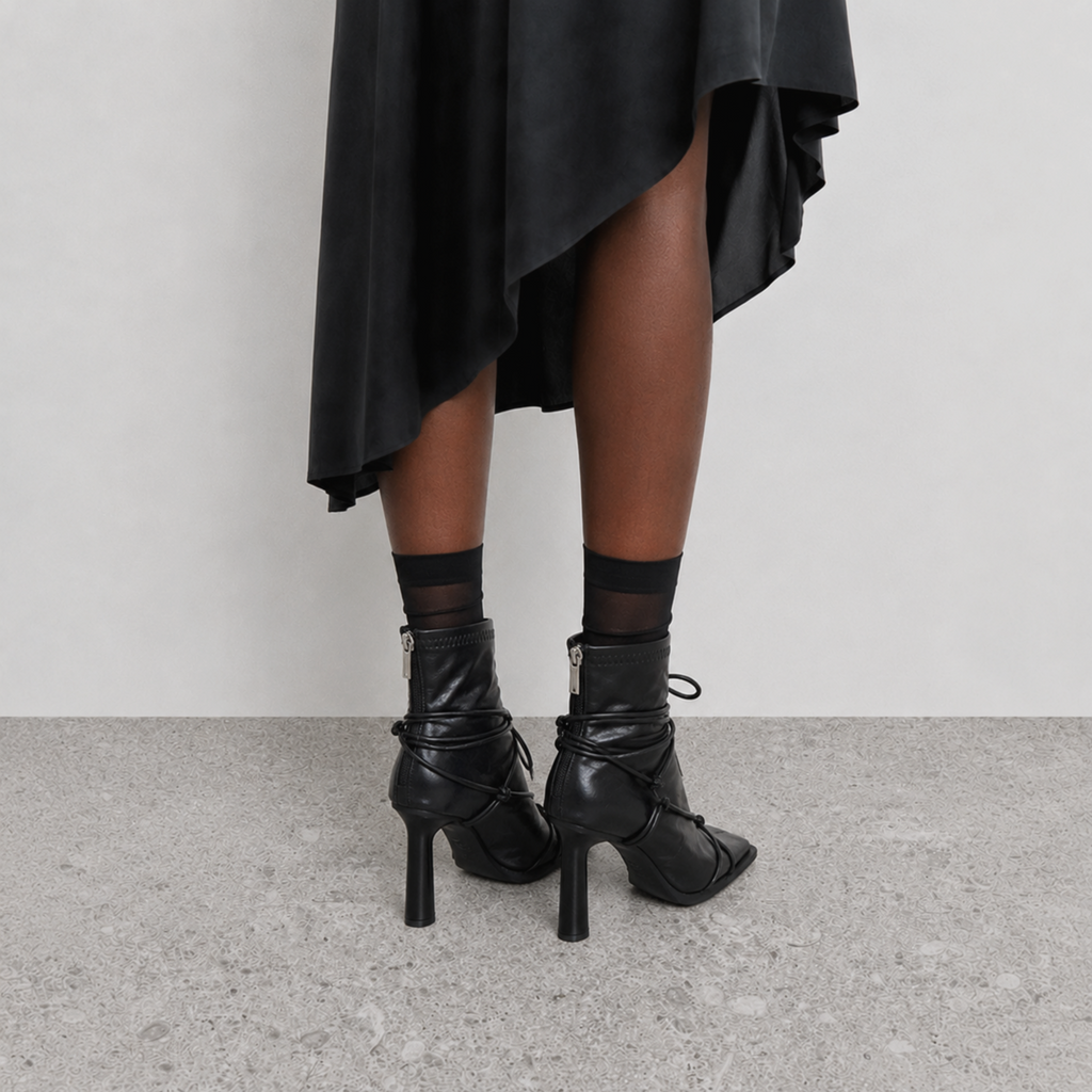 Verity Lace-Up Square Toe Boots by Lil Cacti — on-model back view showing back zips and slim heels with a midi skirt