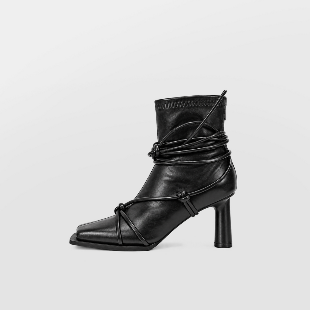 Verity Lace-Up Square Toe Boots by Lil Cacti — side profile of a black square toe ankle boot with wrap-around cord laces