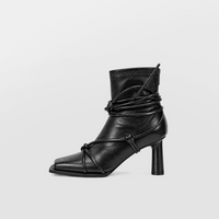 Verity Lace-Up Square Toe Boots by Lil Cacti — side profile of a black square toe ankle boot with wrap-around cord laces