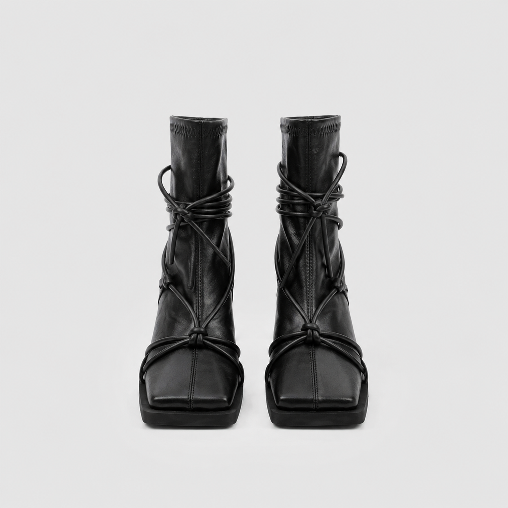 Verity Lace-Up Square Toe Boots by Lil Cacti — pair front view showing square toes, centre seams and knotted cord laces