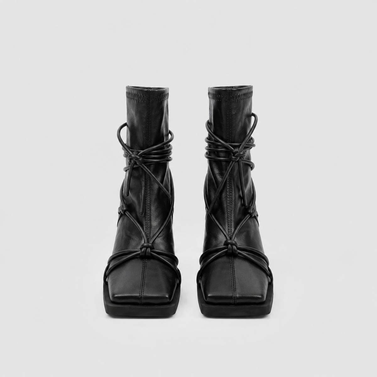 Verity Lace-Up Square Toe Boots by Lil Cacti — pair front view showing square toes, centre seams and knotted cord laces