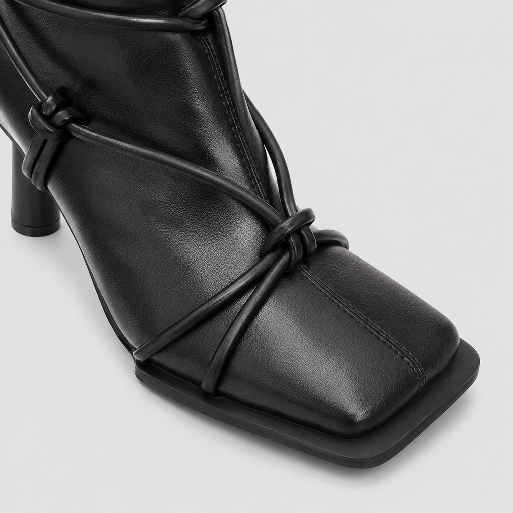 Verity Lace-Up Square Toe Boots by Lil Cacti — close-up of the square toe, centre seam and knotted cord straps