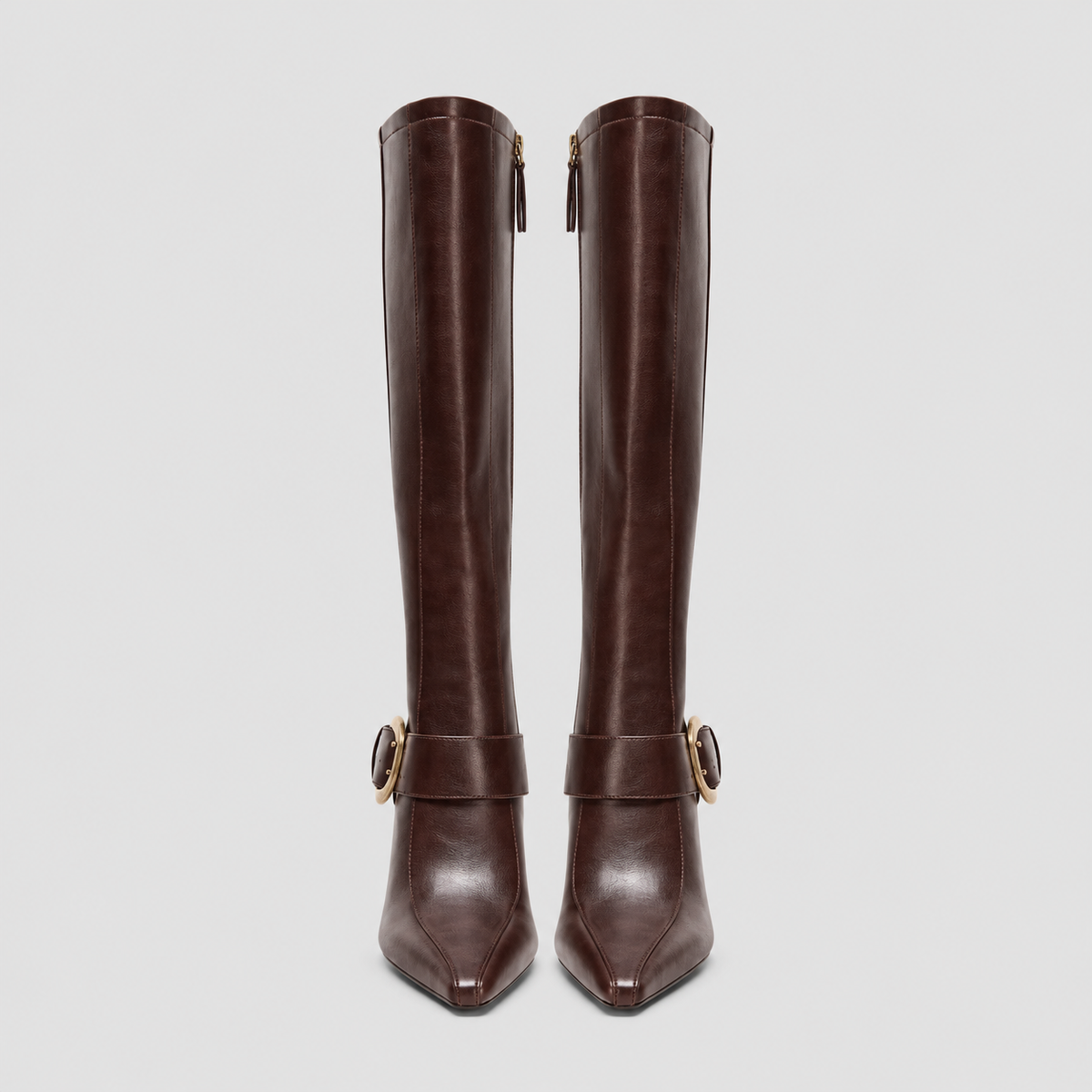 Front view of both Vesper Buckle Tall Boots in dark brown, showing toe shape