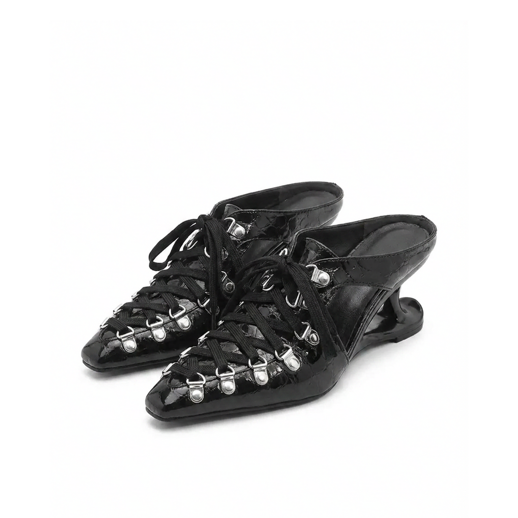 Lace-up mules in black patent with silver hardware and cutout heel