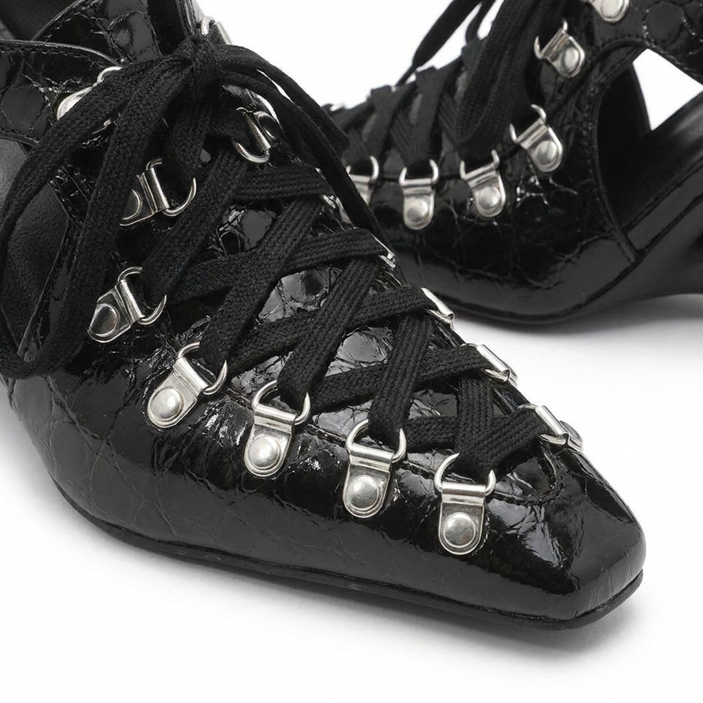 Vex heeled mules styled — avant-garde dark aesthetic