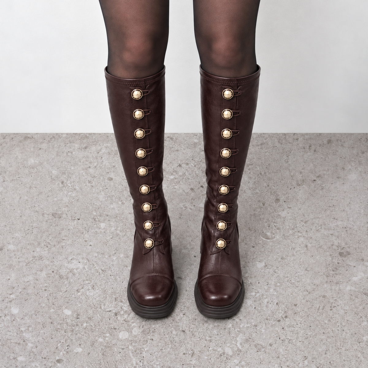 Lil Cacti Vintage Heeled Knee-High Boots in brown, model-worn view