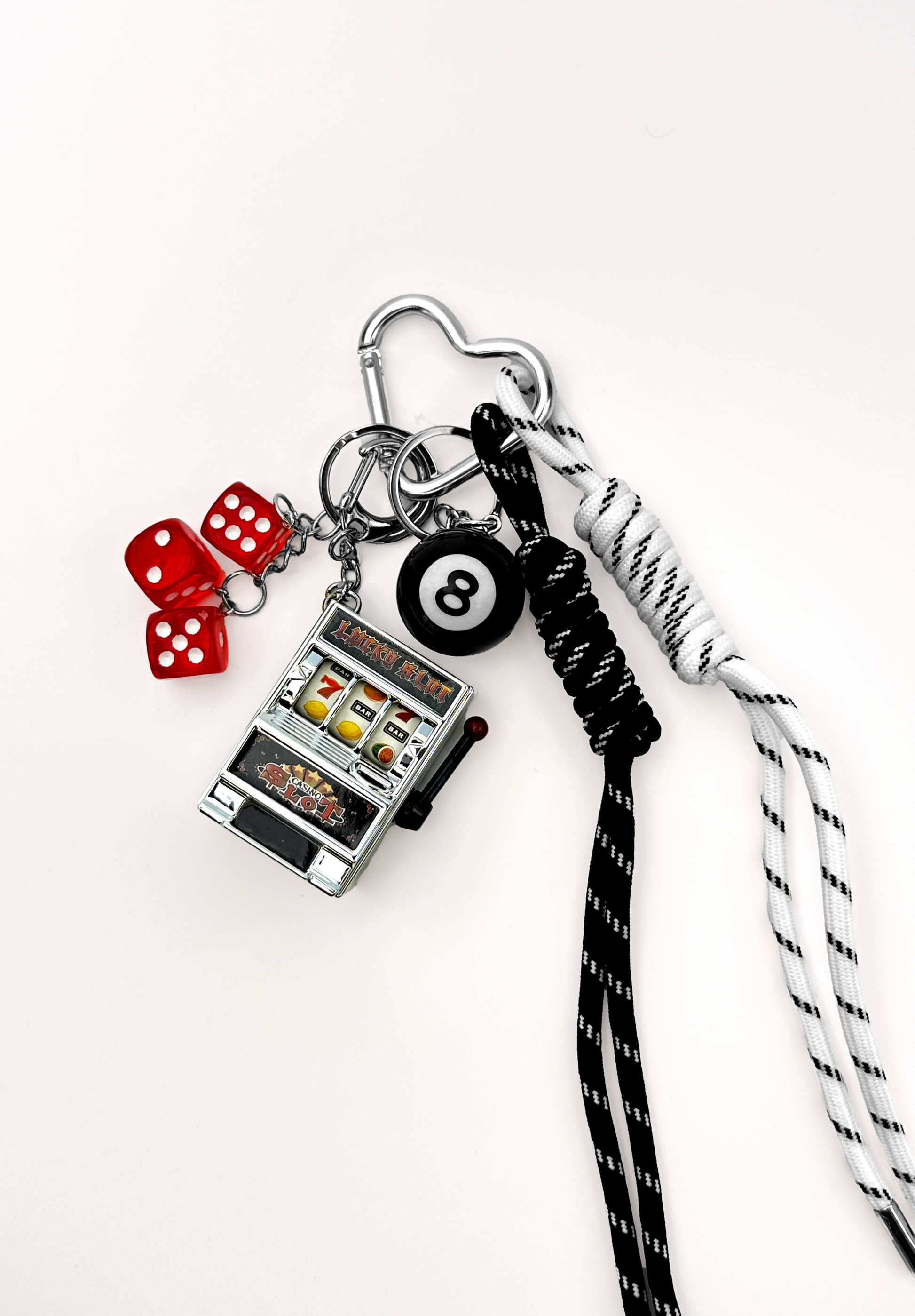 Vintage Miniature playable Slot Machine Bag Charm with dice, 8-ball, and heart ring from lil cacti