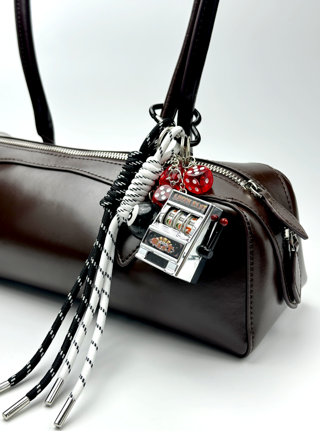 Vintage Miniature playable Slot Machine Bag Charm with dice, 8-ball, and heart ring from lil cacti