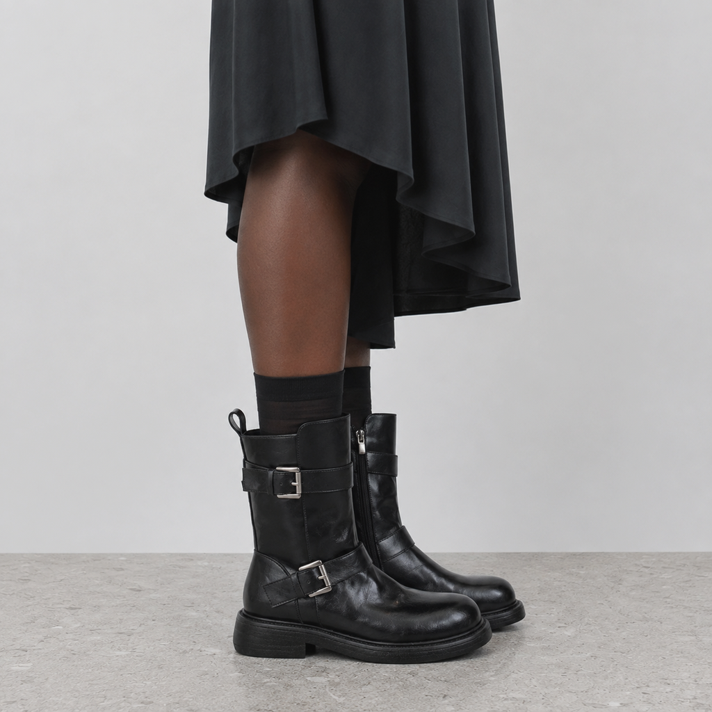Wilder Buckle Rider Boots by Lil Cacti — vegan buckle biker boots, angled three-quarter view