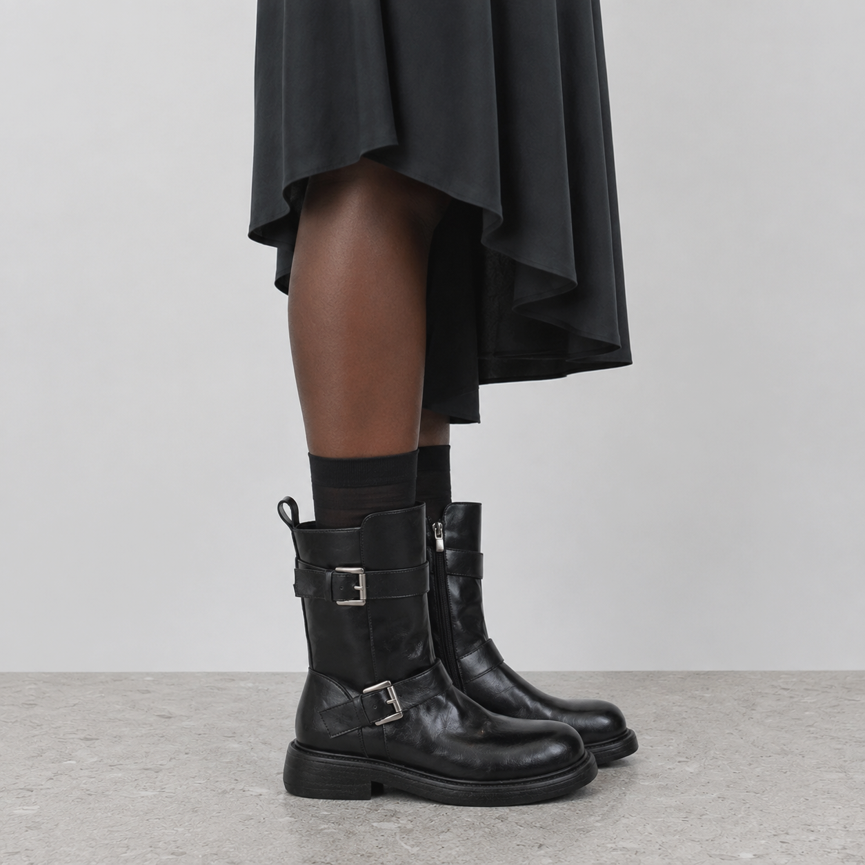 Wilder Buckle Rider Boots by Lil Cacti — vegan buckle biker boots, angled three-quarter view