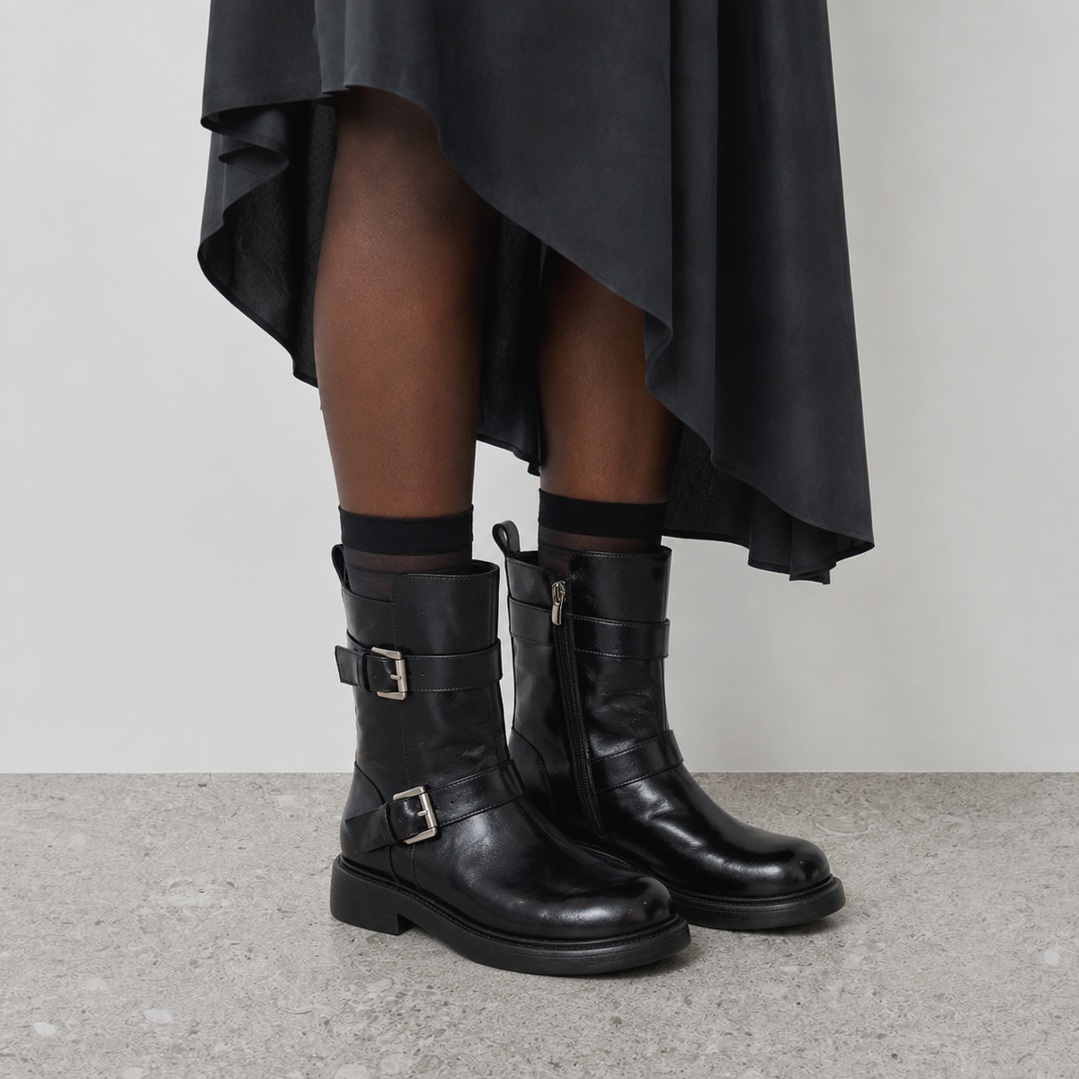 Wilder Buckle Rider Boots by Lil Cacti — vegan buckle biker boots, side profile