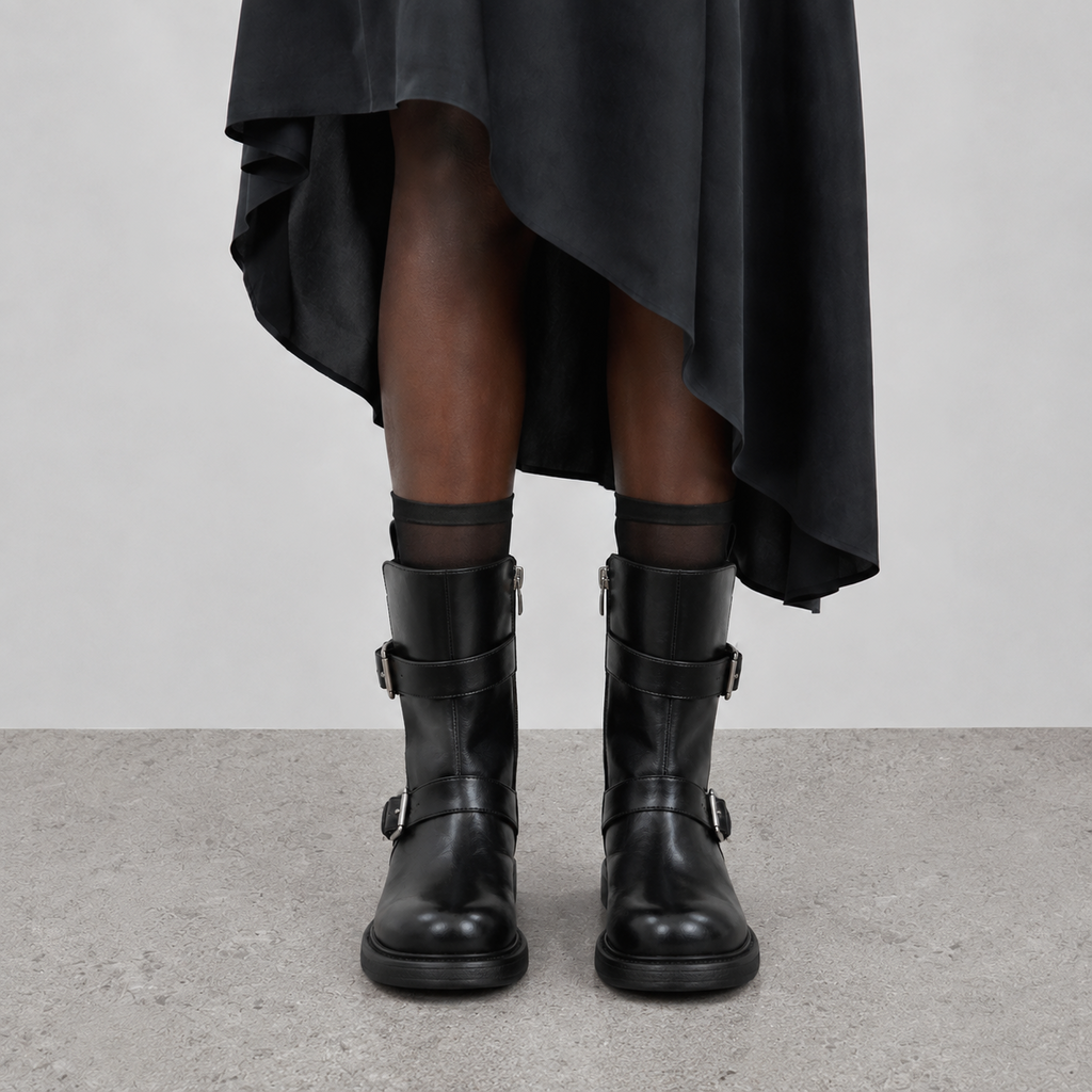 Wilder Buckle Rider Boots by Lil Cacti — vegan buckle biker boots, close-up of the toe detail