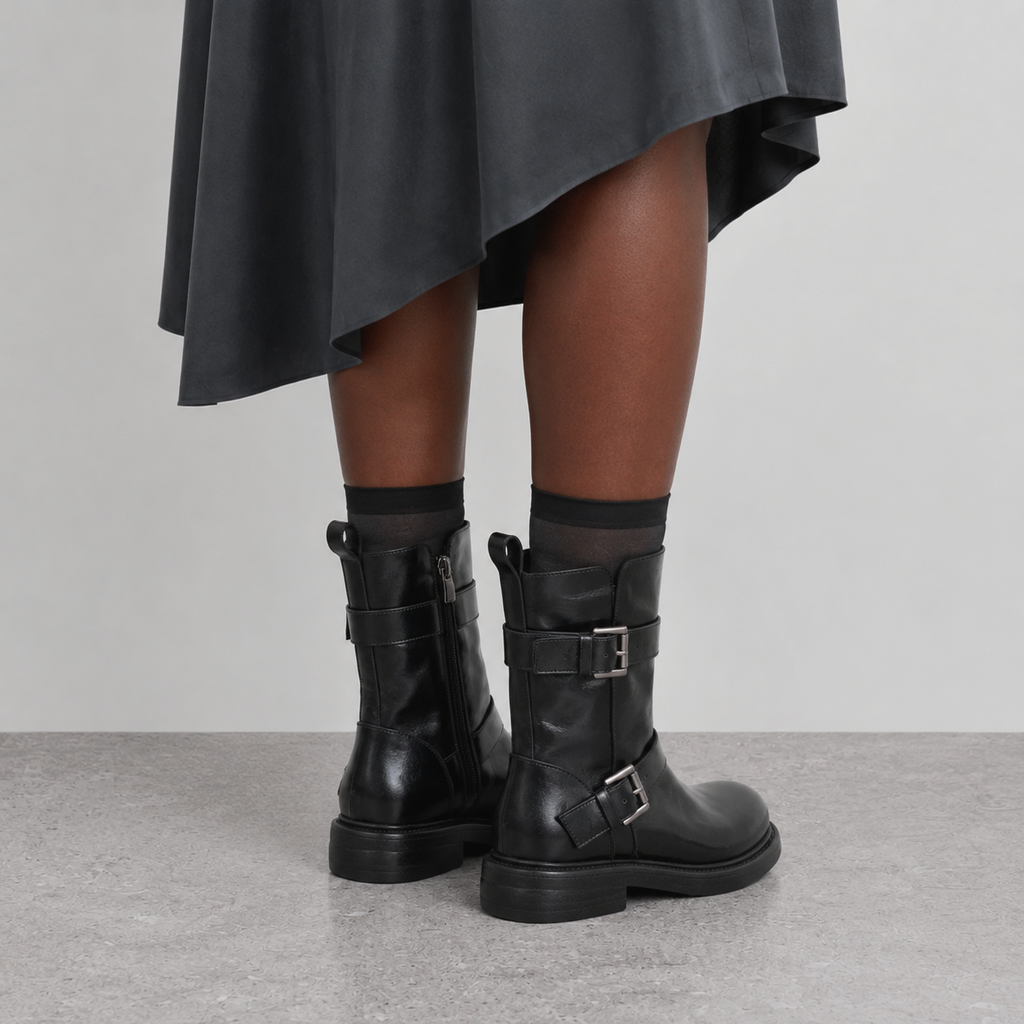 Wilder Buckle Rider Boots by Lil Cacti — vegan buckle biker boots, rear view showing the heel