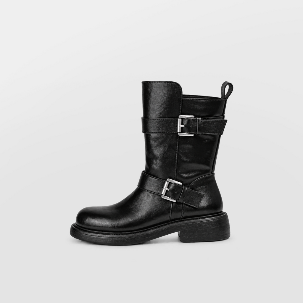 Wilder Buckle Rider Boots by Lil Cacti — vegan buckle biker boots, front view
