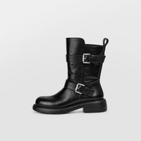 Wilder Buckle Rider Boots by Lil Cacti — vegan buckle biker boots, front view