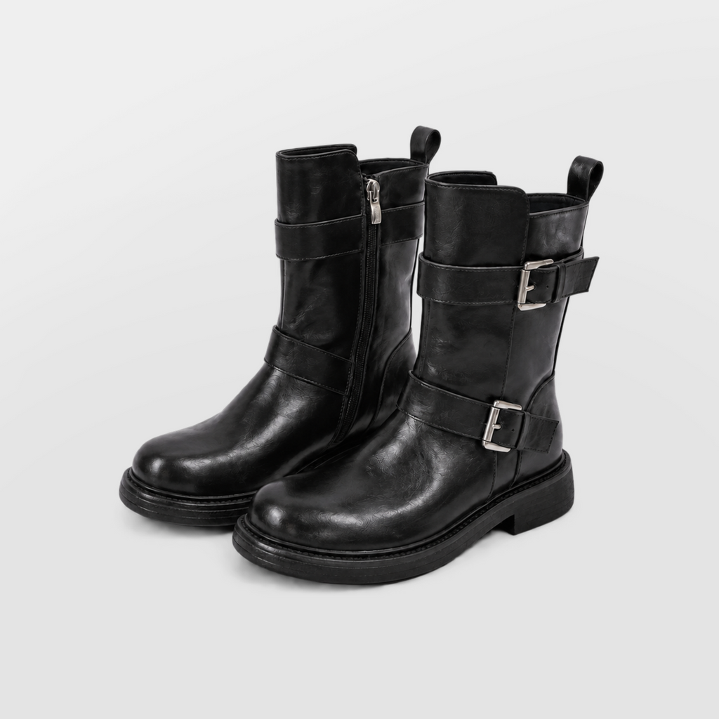 Wilder Buckle Rider Boots by Lil Cacti — vegan buckle biker boots, top-down view