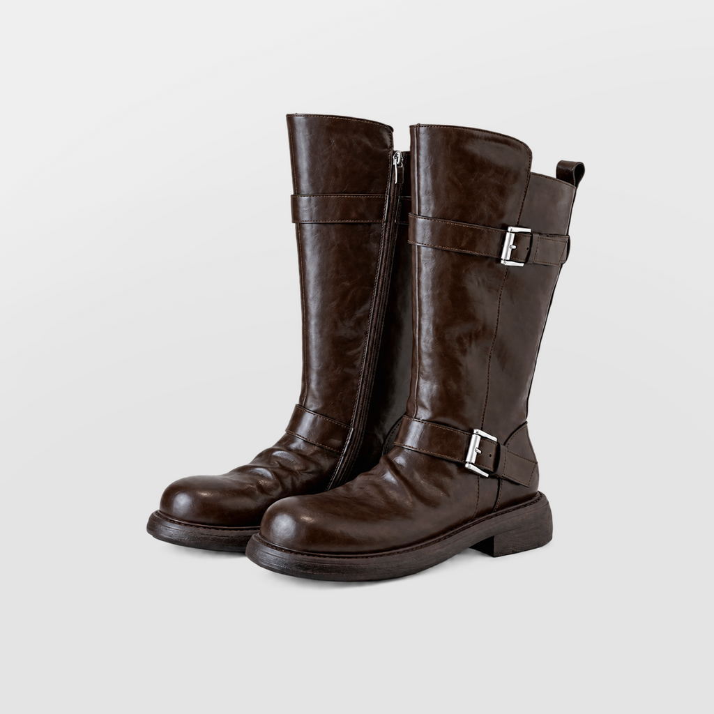 Wilder Buckle Rider Boots by Lil Cacti — vegan buckle biker boots, worn with a full outfit
