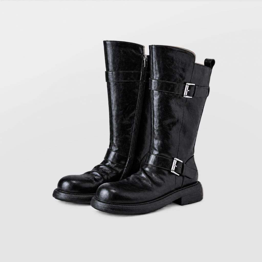 Wilder Buckle Rider Boots by Lil Cacti — vegan buckle biker boots, close-up of the sole