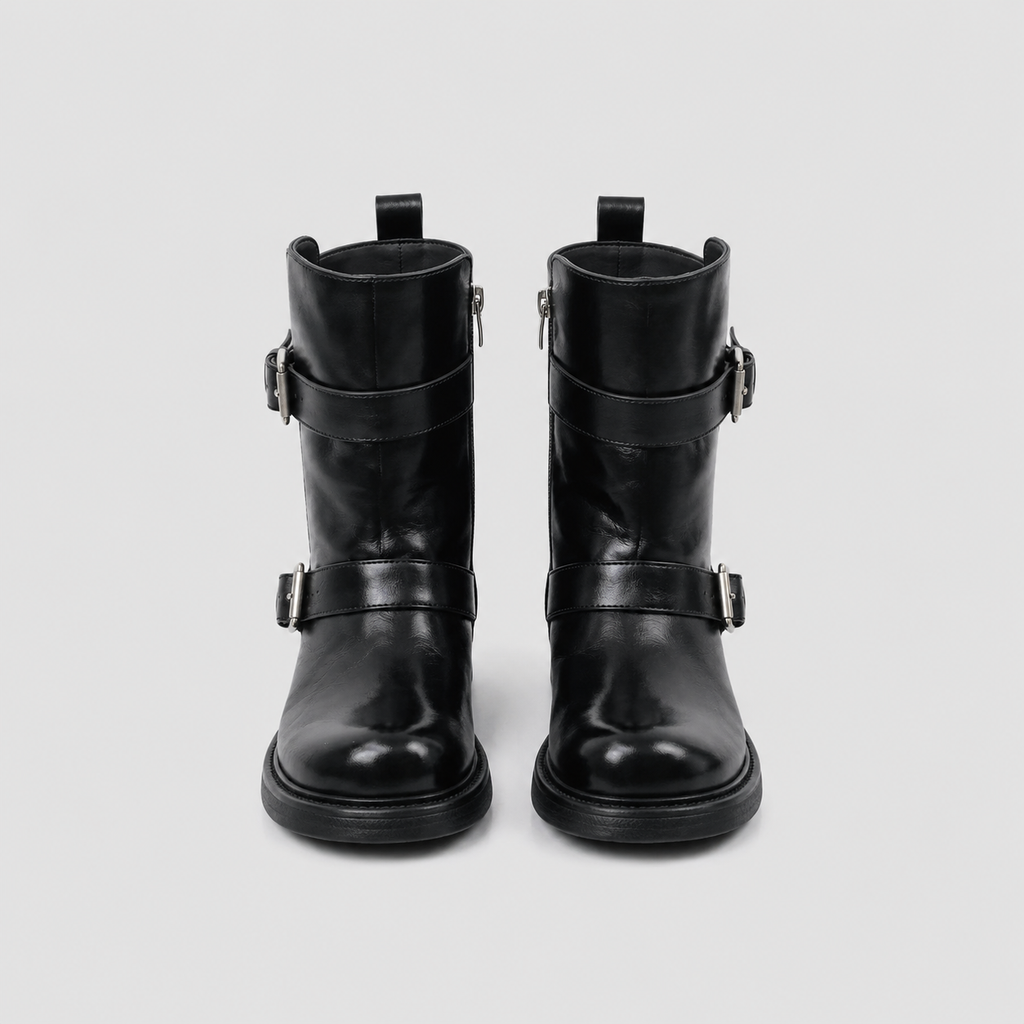Wilder Buckle Rider Boots by Lil Cacti — vegan buckle biker boots, styled on-model shot