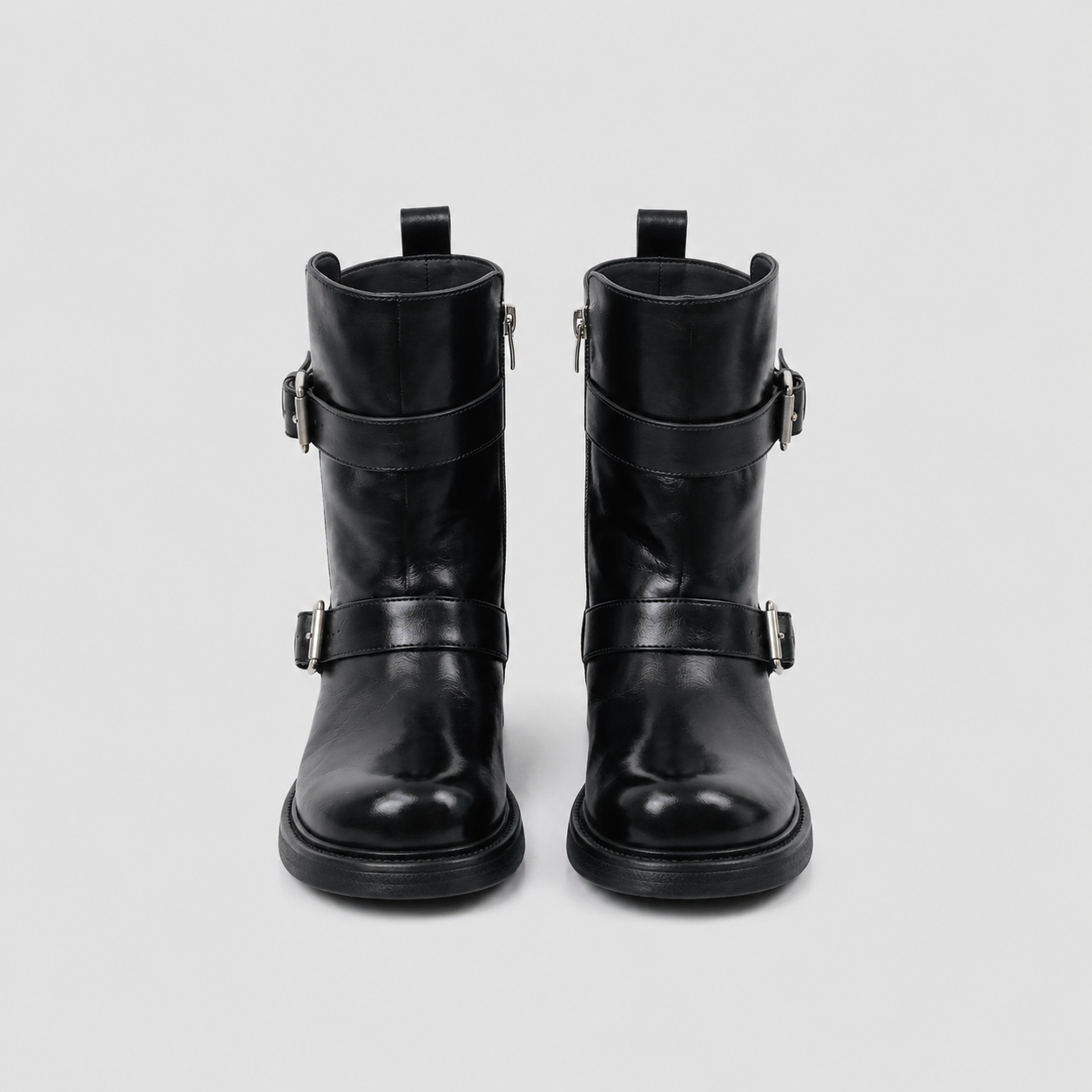 Wilder Buckle Rider Boots by Lil Cacti — vegan buckle biker boots, styled on-model shot