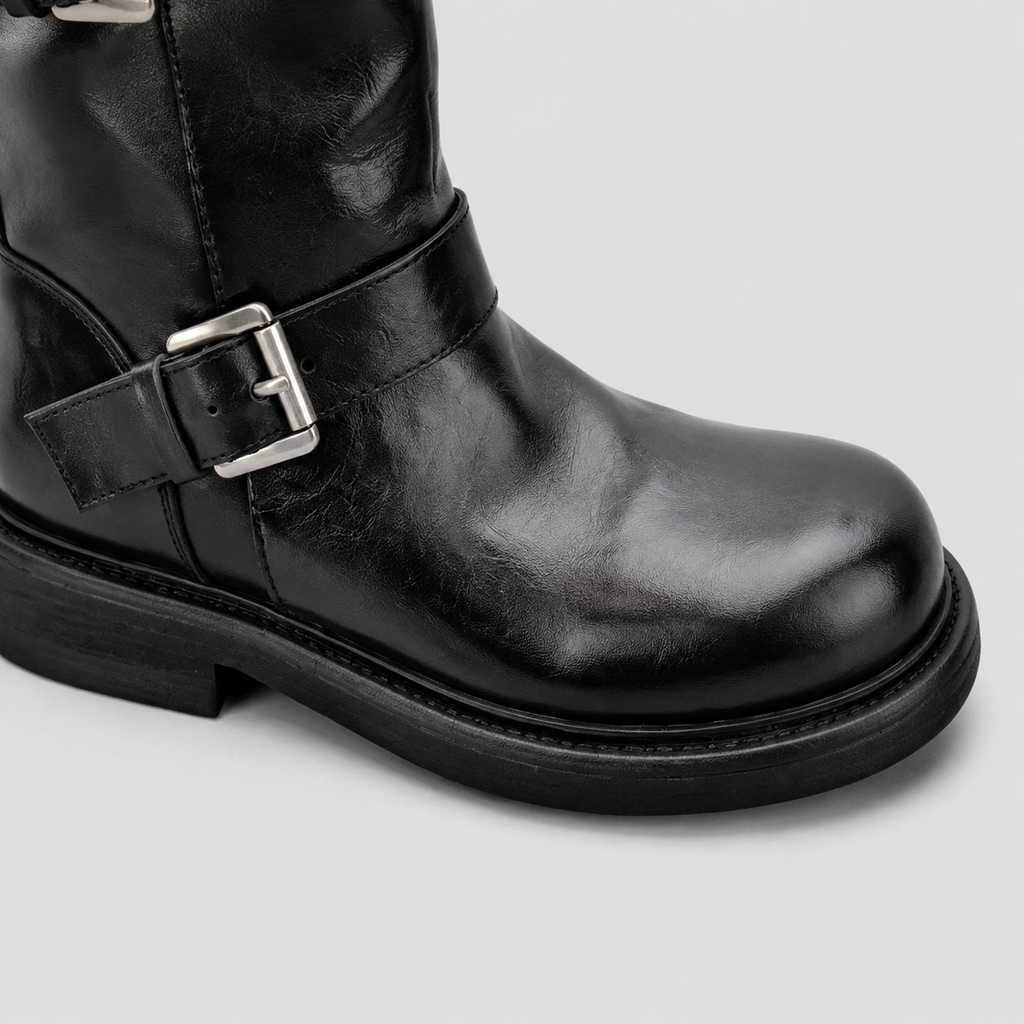 Wilder Buckle Rider Boots by Lil Cacti — vegan buckle biker boots, pair shown side by side