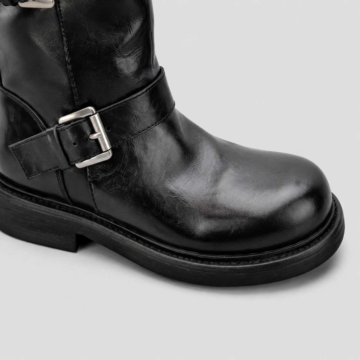 Wilder Buckle Rider Boots by Lil Cacti — vegan buckle biker boots, pair shown side by side