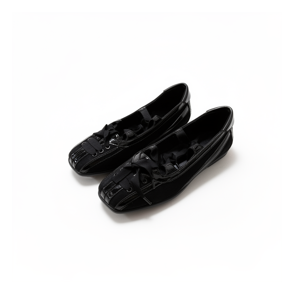 Winona black patent leather square toe ballet flats with black ribbon lace-up