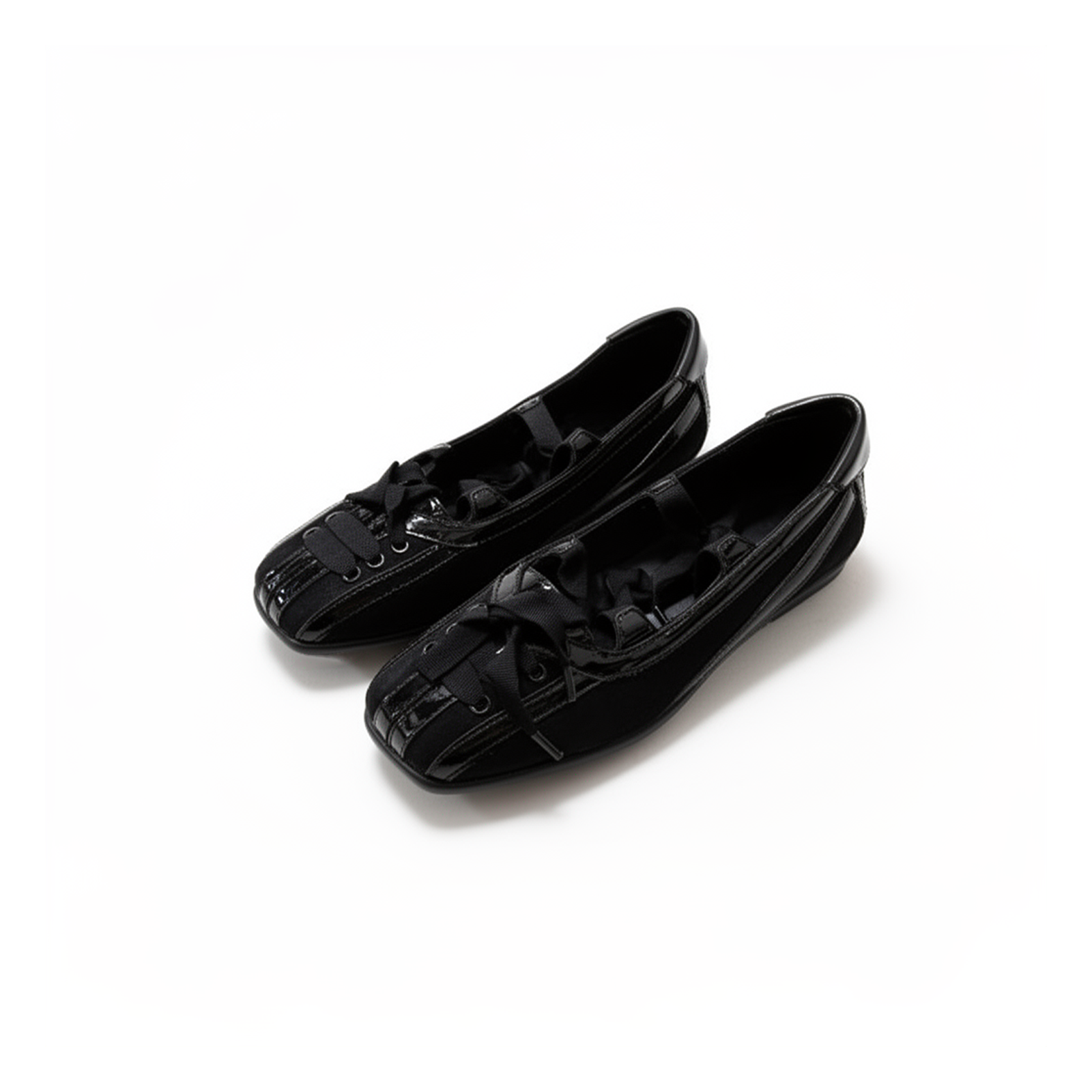 Winona black patent leather square toe ballet flats with black ribbon lace-up