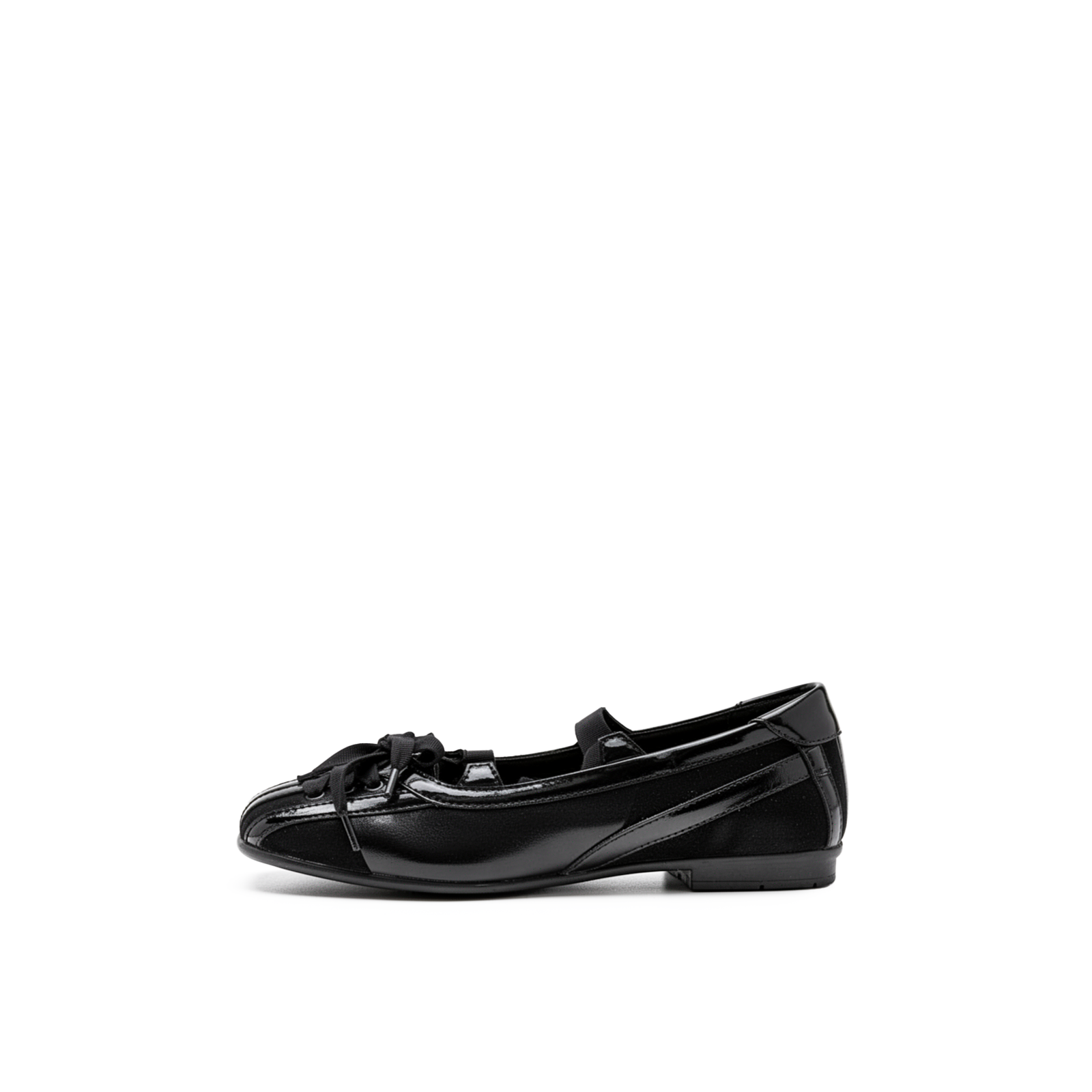 Winona black patent leather square toe ballet flats with black ribbon lace-up
