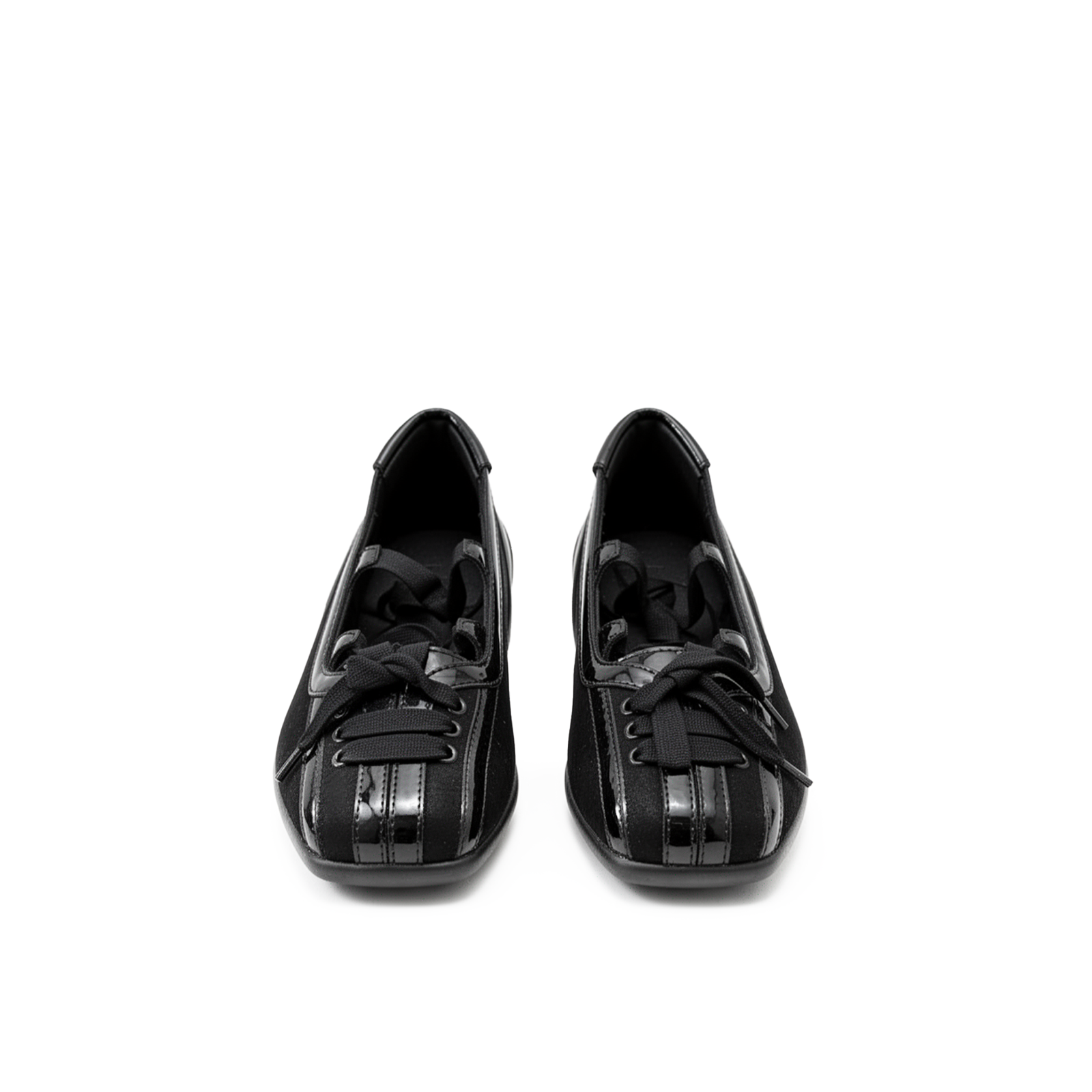 Lace up flats in black patent leather — square toe balletcore silhouette, top view