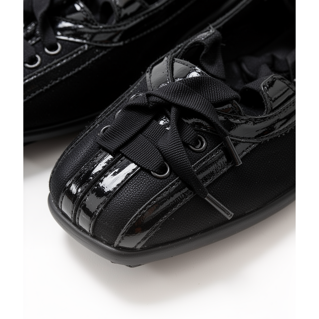 Winona lace-up ballet flats — black leather square toe shoes by Lil Cacti